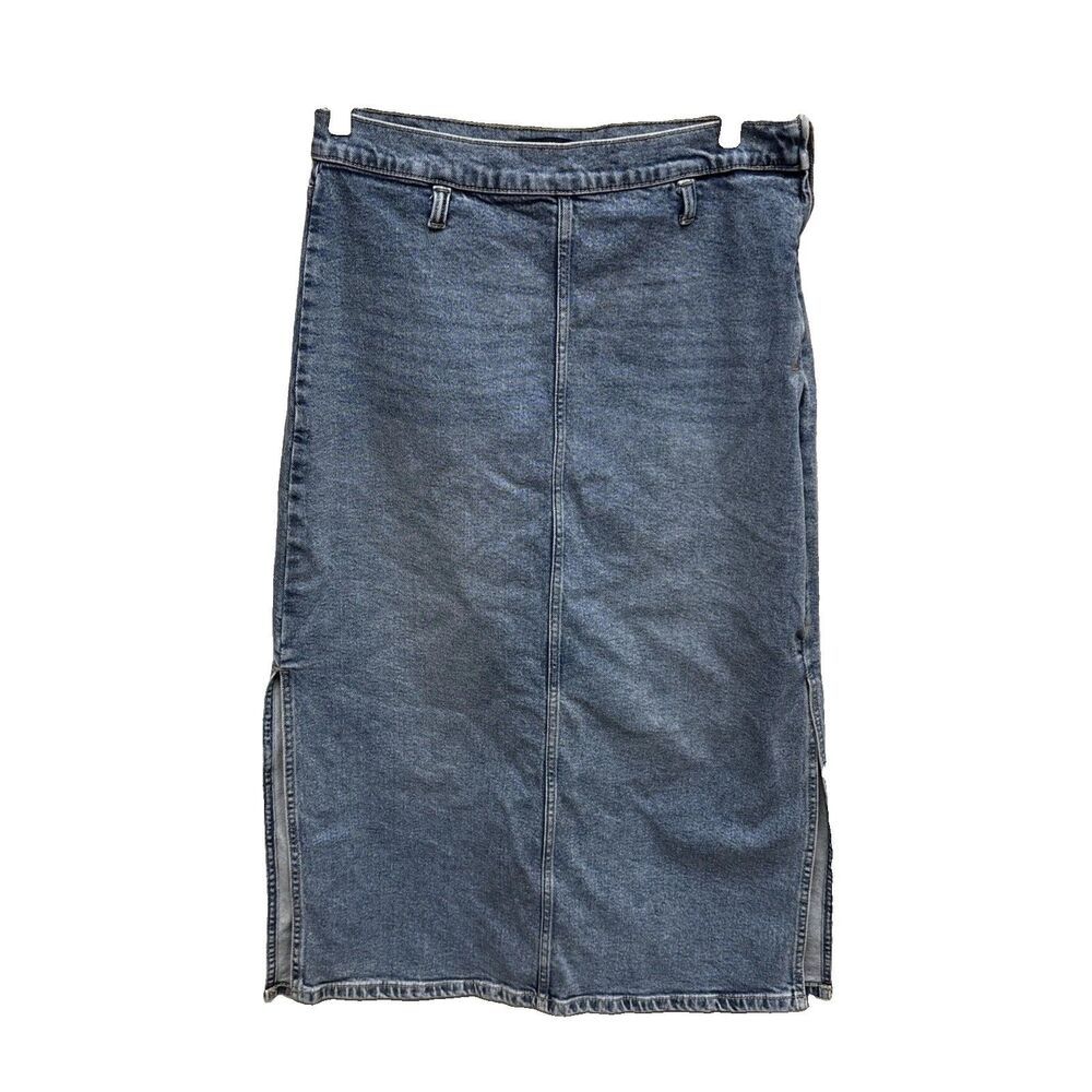 Calvin Klein Jean Denim Skirt 10 30” Midi Length Vintage Slits Zip Logo Pockets